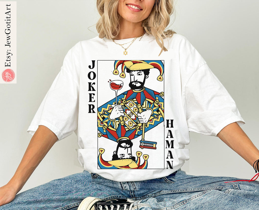 Haman Joker T-Shirt Purim Sweatshirt Unique Purim Costume by Israeli Artist Perfect Jewish Holiday Gift Am Yisrael Chai Queen Card Shirt