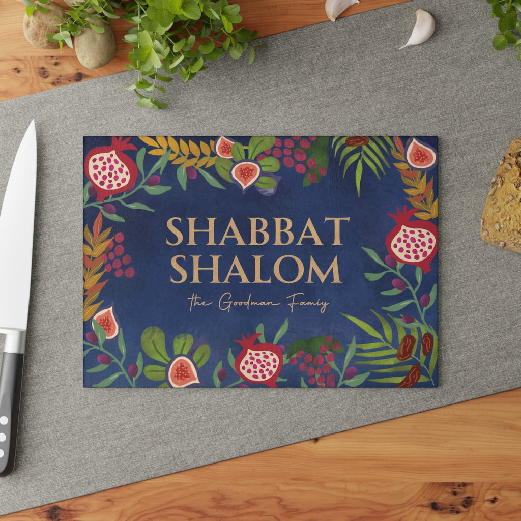 Personalized Challah Cutting Board Shabbat Shalom Glass 7 Species of Israel Hand drawn art jewish gift Israeli artist Israeli shabbos gifts