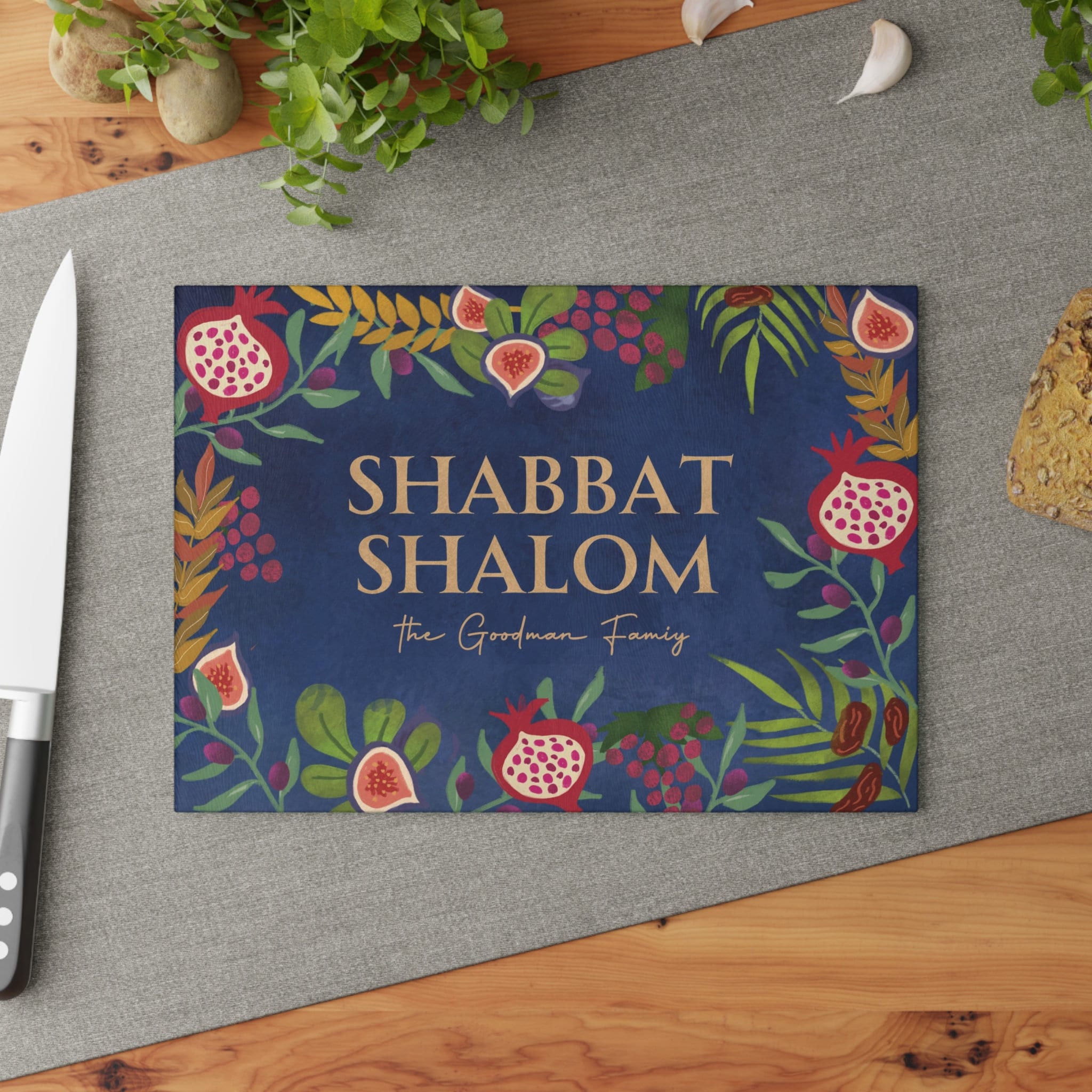 Personalized Challah Cutting Board Shabbat Shalom Glass 7 Species of Israel Hand drawn art jewish gift Israeli artist Israeli shabbos gifts