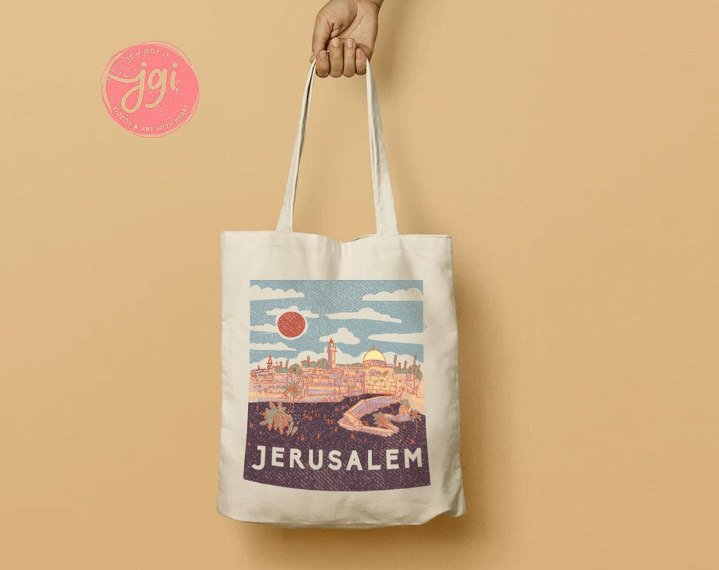 Vintage Jerusalem Tote Bag Hand drawn | Hebrew Jewish gift | Art bag, graphic bag, woman gift shopping everyday bag, shabbos, shabbat