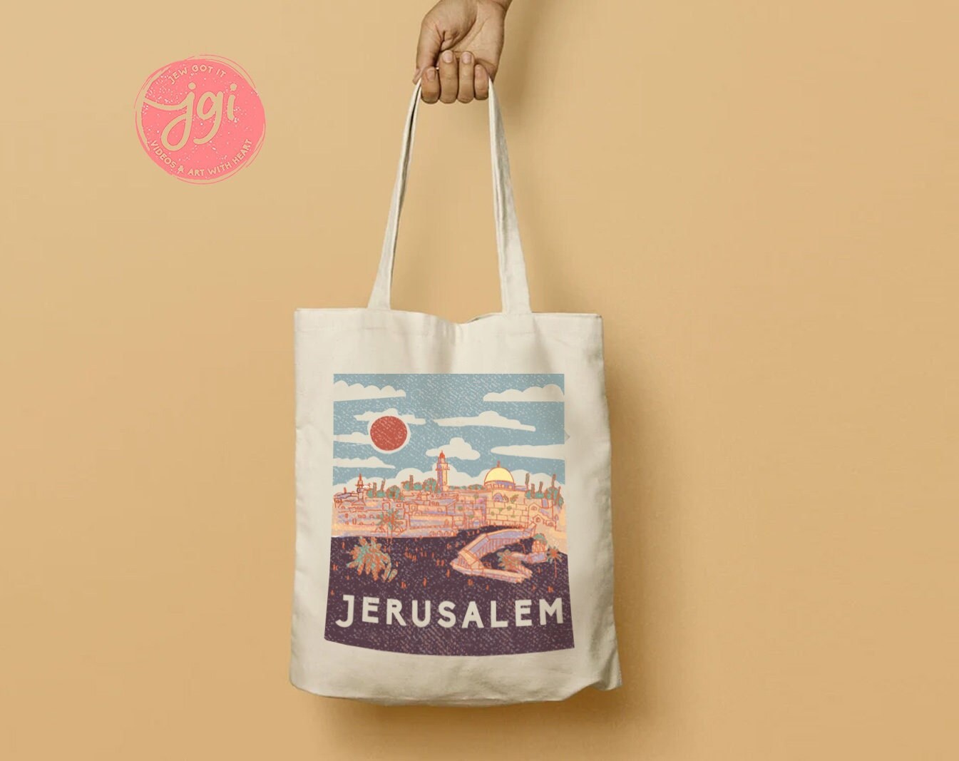 Vintage Jerusalem Tote Bag Hand drawn | Hebrew Jewish gift | Art bag, graphic bag, woman gift shopping everyday bag, shabbos, shabbat