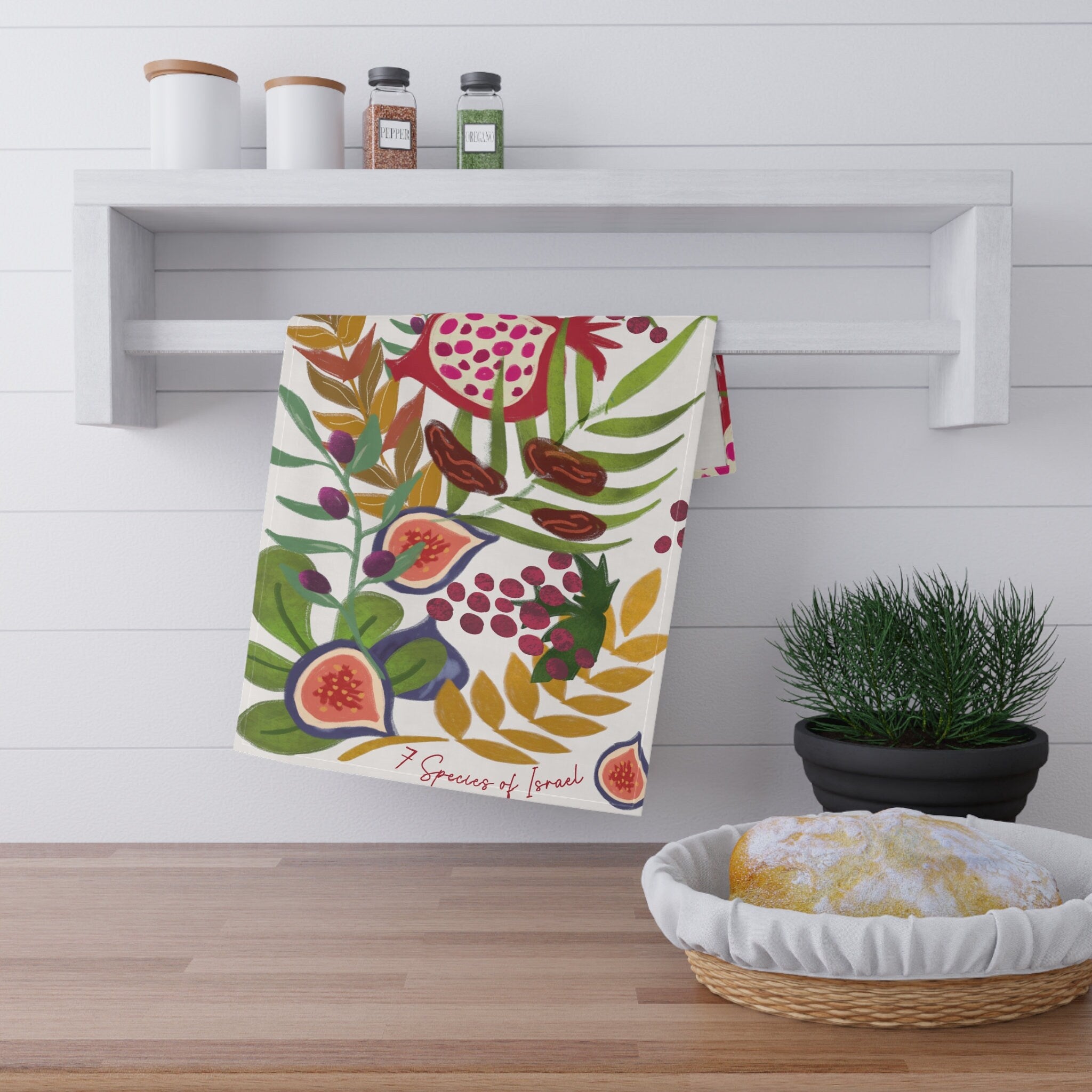 Art Kitchen Towel | 7 Species of Israel, Hand drawn art, tea towel, cotton towel, towel design, Kitchen decor, home decor, Jewish gift