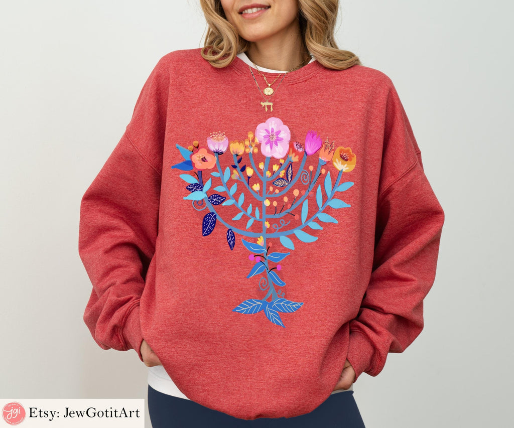 Hanukkah Sweatshirt Menorah Sweater T-Shirt Unisex Floral Art | Jewish Gift from Israeli Artist Israel Jewish Shirt Chanukah Israeli Artist