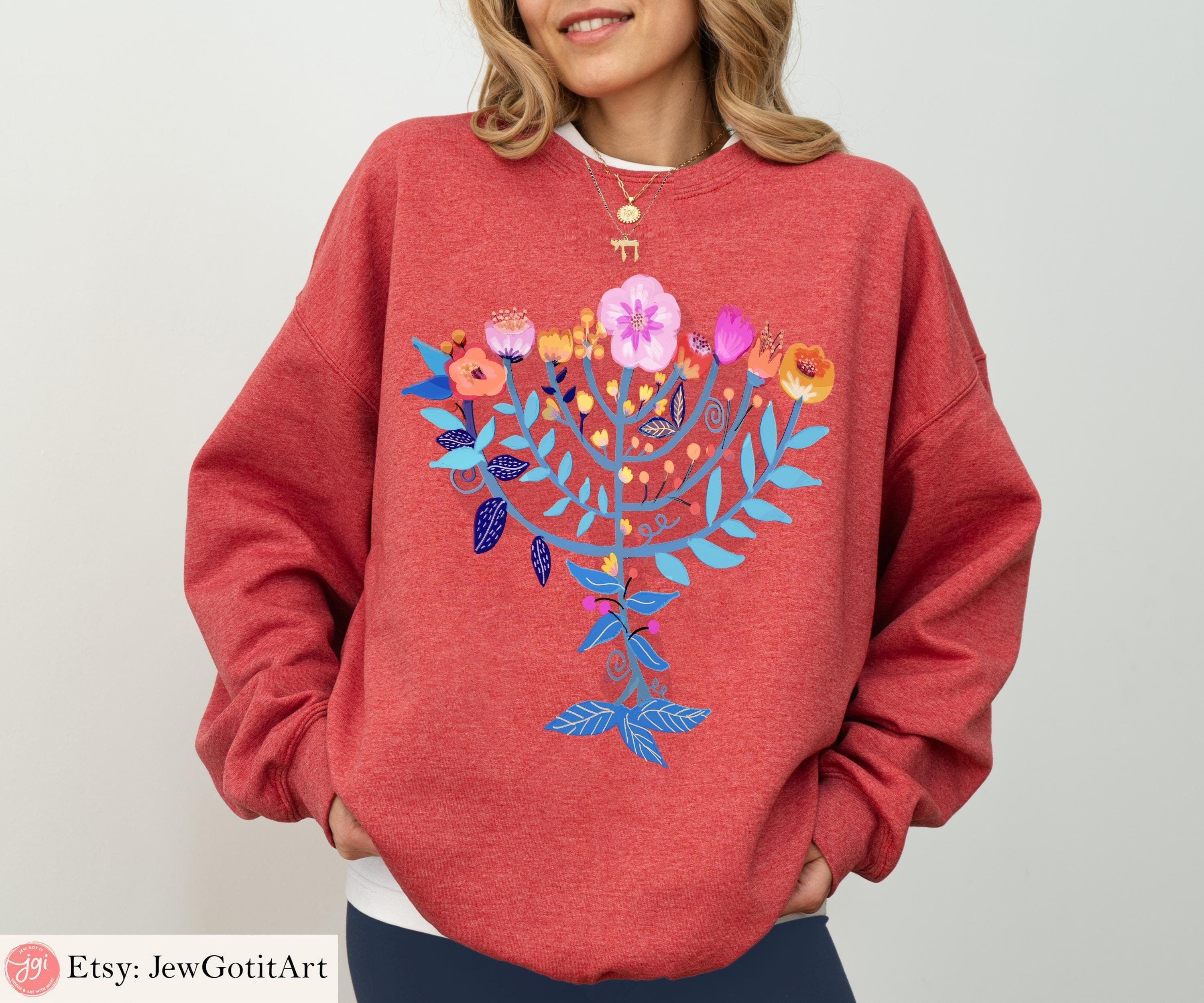Hanukkah Sweatshirt Menorah Sweater T-Shirt Unisex Floral Art | Jewish Gift from Israeli Artist Israel Jewish Shirt Chanukah Israeli Artist