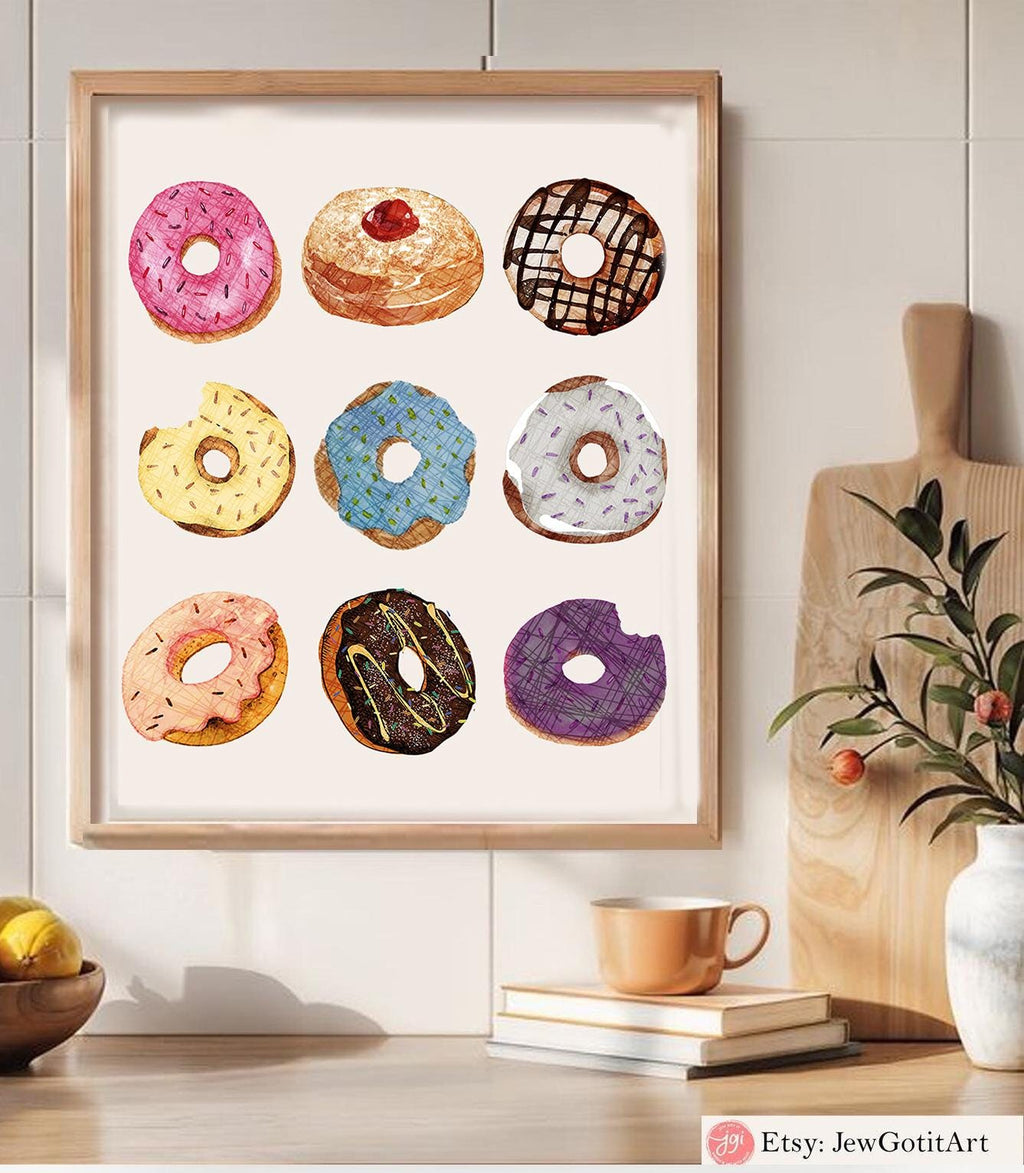 Hanukkah Wall Art Jelly Donut Art Poster: Food Art Framed Art Jewish Gift, Israeli Design Chanukkah