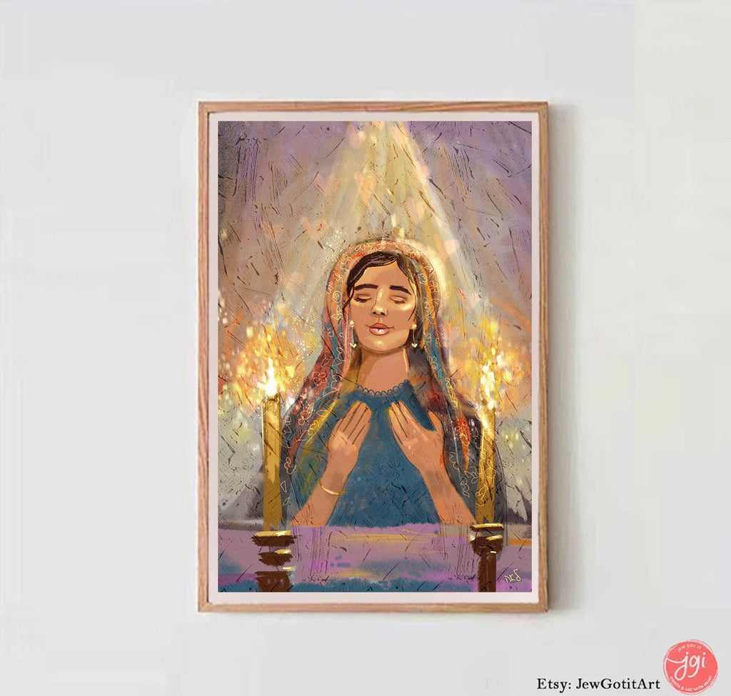 Lighting Shabbat Candles Painting Wall Art Praying Israeli Artist Israel Jewish Art Matte Posters Gift Gift Passover Shabbos candle Jewish