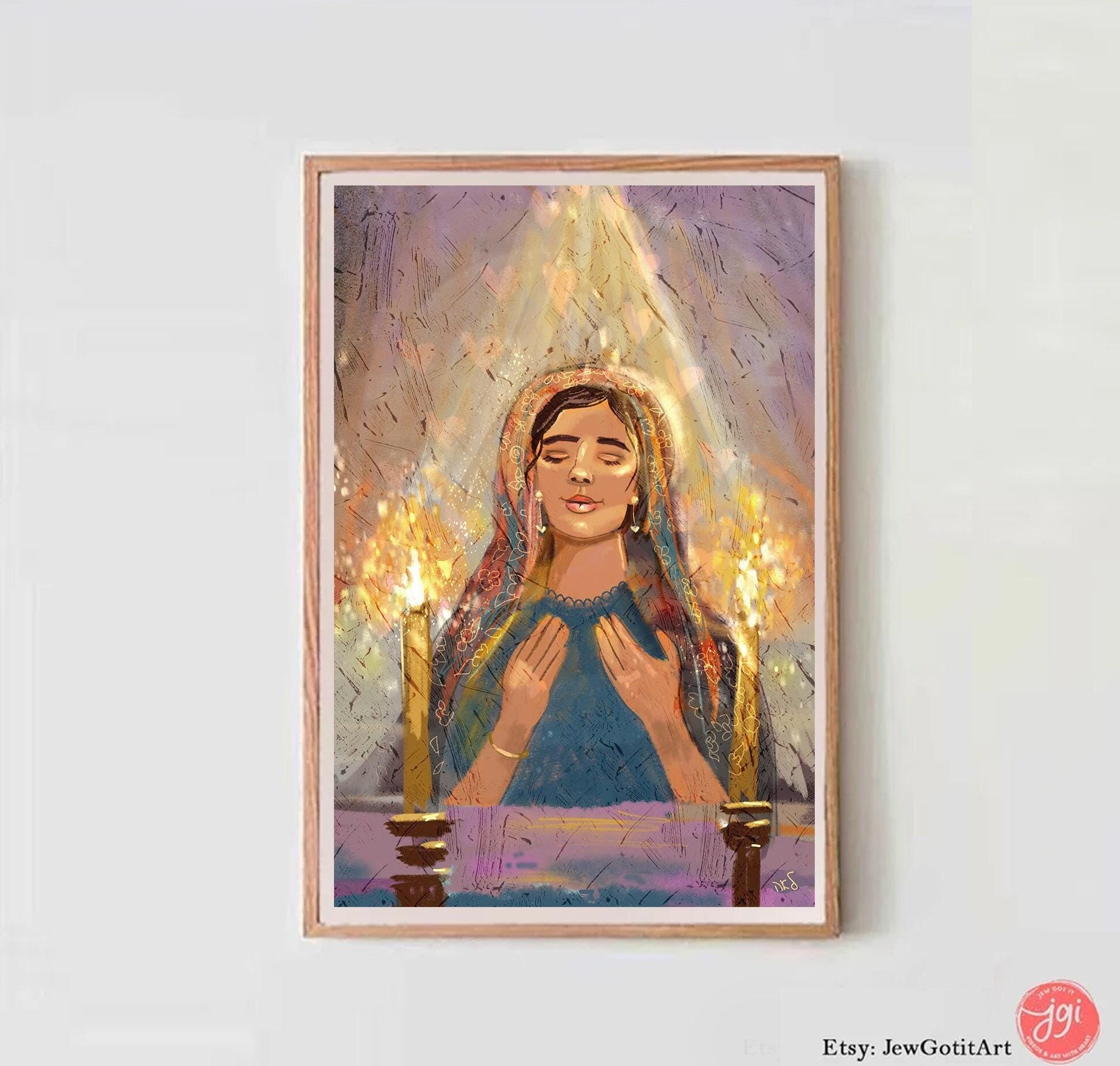Lighting Shabbat Candles Painting Wall Art Praying Israeli Artist Israel Jewish Art Matte Posters Gift Gift Passover Shabbos candle Jewish