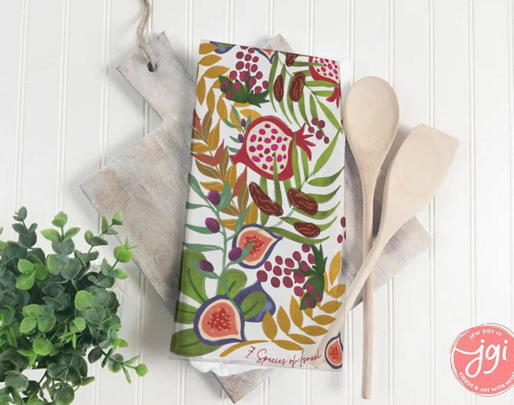 7 Species of Israel Kitchen Towels: Hand-Drawn Art, Jewish Home Decor (Set of 2) Israeli Artist
