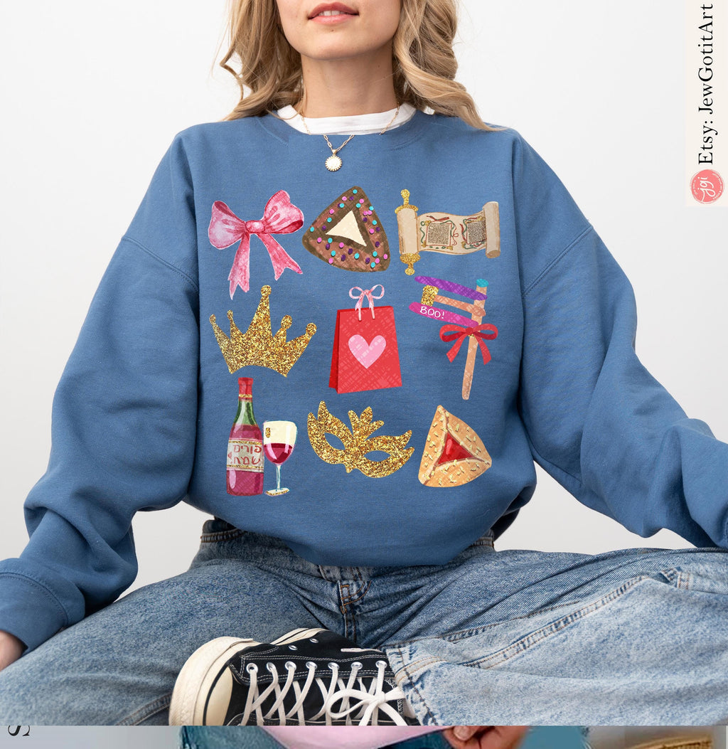 Purim Sweatshirt Costume Shirt Israeli Artist Jewish Gift Israel Apparel Sweater Am Yisrael Chai Purim Costume Coquette Bows Hamantaschen