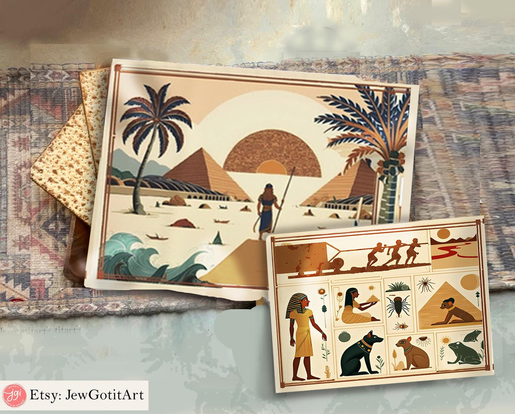 Passover Story Table Runner Egyptian Hieroglyphs Matzah Cover Afikomen Set Seder Table Decor with Ancient Egyptian Art Pesach Gifts Towel