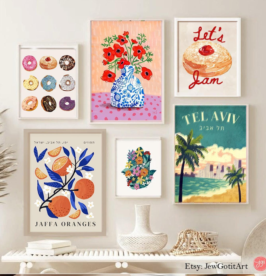 Hanukkah Wall Art Jelly Donut Art Poster: Food Art Framed Art Jewish Gift, Israeli Design Chanukkah