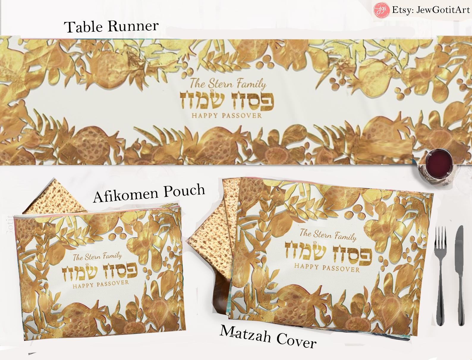 Personalized Matzah Cover Set Afikomen Set Passover 7 Species Israel Table Runner Jewish Holiday Decor Custom Passover Gift Matzah Afikomen