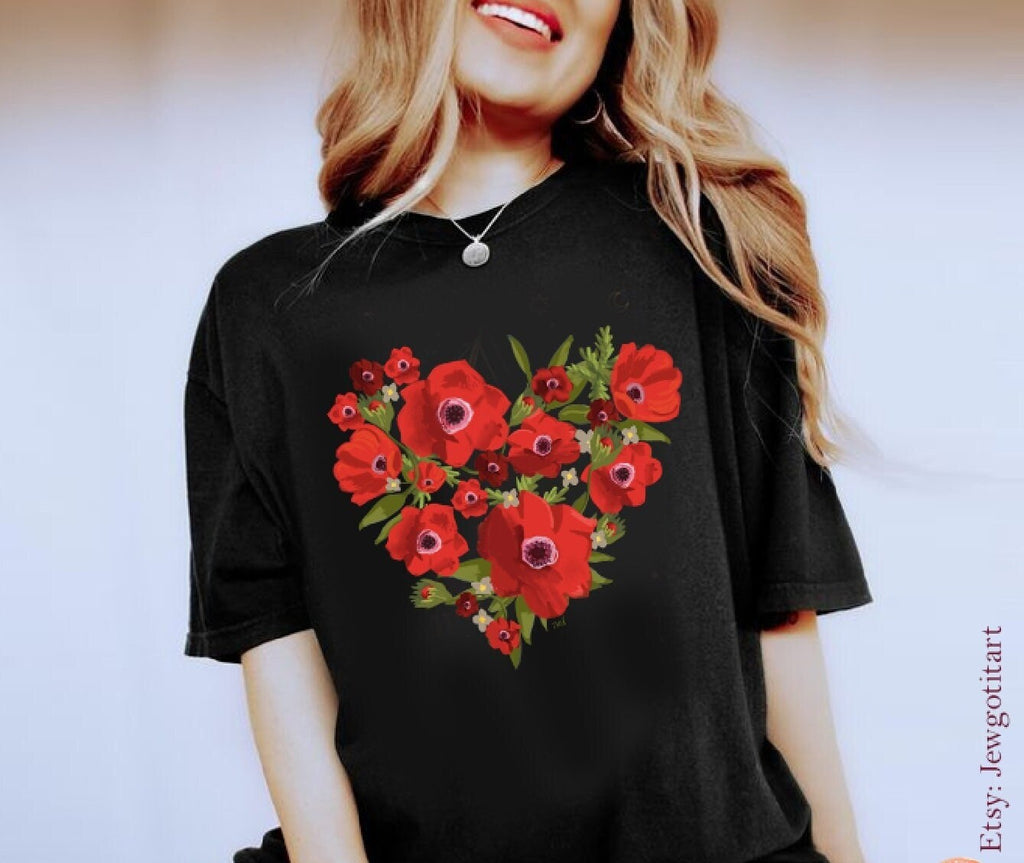 Kalanit Heart Israel National Flower Shirt Flowers TShirt Unisex Heavy Cotton Tee Hand drawn art Women shirt gift gifts Israeli Artist Red