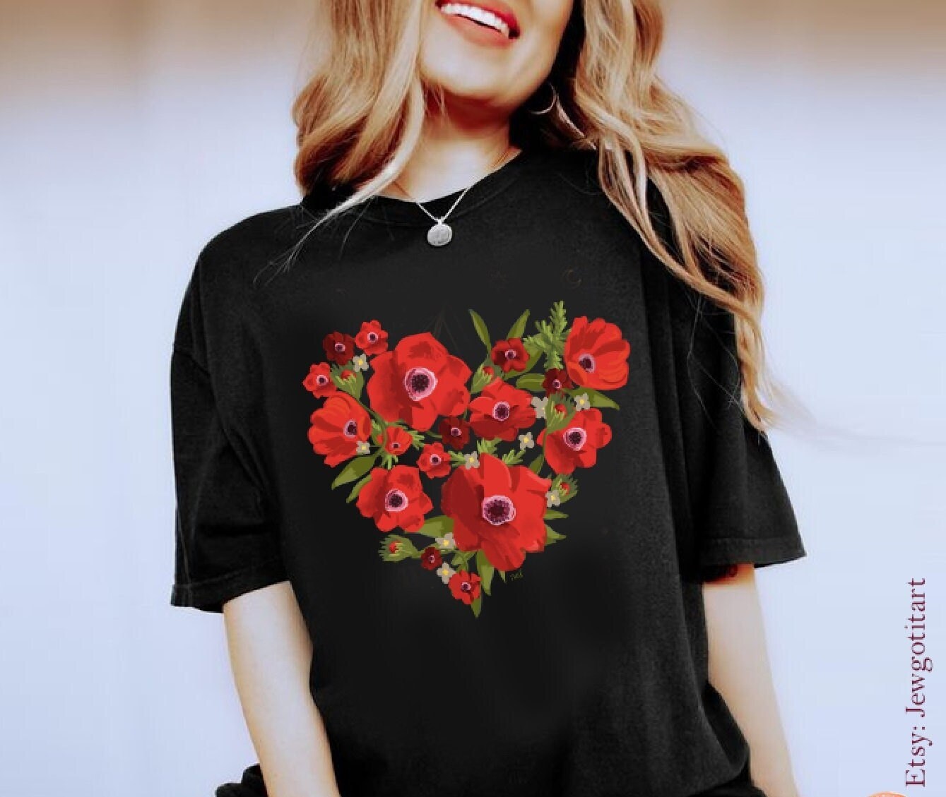 Kalanit Heart Israel National Flower Shirt Flowers TShirt Unisex Heavy Cotton Tee Hand drawn art Women shirt gift gifts Israeli Artist Red