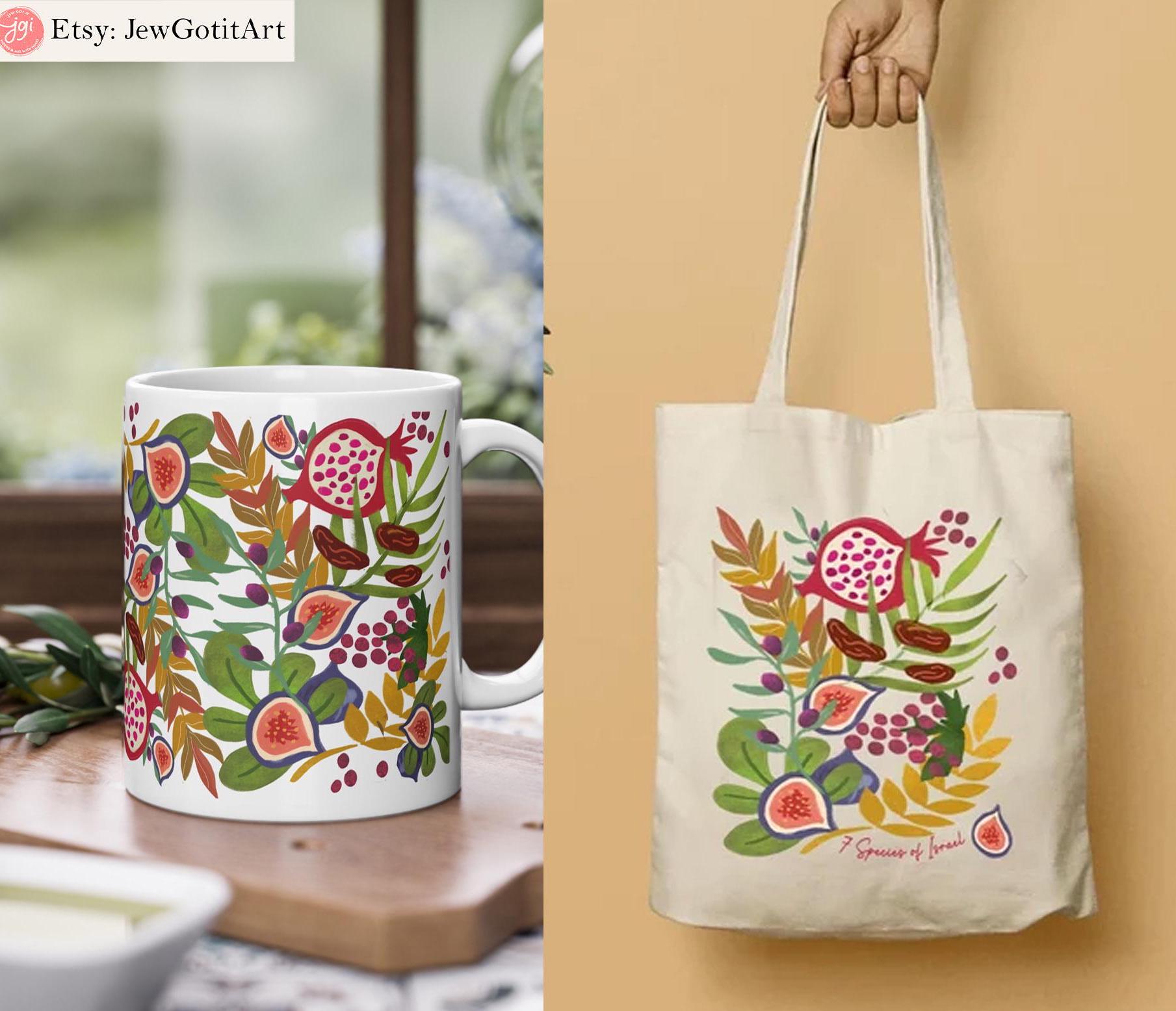 7 Fruits of Israel Ceramic Mug 11oz 15oz Coffee Tea Perfect Jewish Gift Coffee cup Fruit Art Am Yisrael Chai Israeli Artist Hanukkah Gift