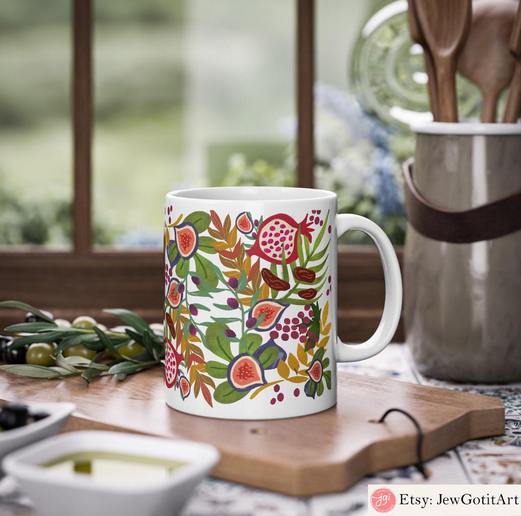 7 Fruits of Israel,  7 Species of Israel, Mug, tea cup, coffee cup, Ceramic Mug 11oz, work mug, morning mug, Israel, Jewish gift, coffee mug