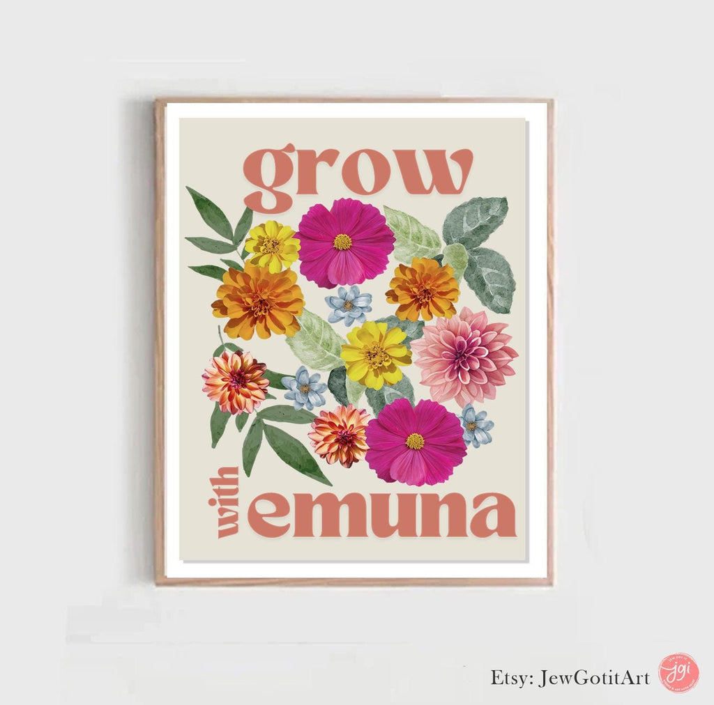 Grow with Emuna Art Print Poster | Flower Wall Art Poster | Hand Drawn Flowers | Israeli Jewish Gift | Israeli Artist | Flowers Art Print