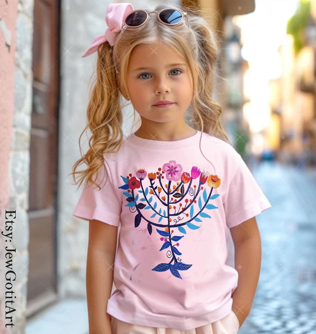 Hanukkah Sweatshirt Menorah Sweater T-Shirt Unisex Floral Art | Jewish Gift from Israeli Artist Israel Jewish Shirt Chanukah Israeli Artist