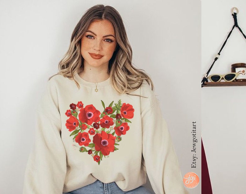 Israel Kalanit Heart Sweatshirt Red flowers flower sweater woman jewish gift Israeli Artist Sweater Gift for her Purim Hearts Jewish art