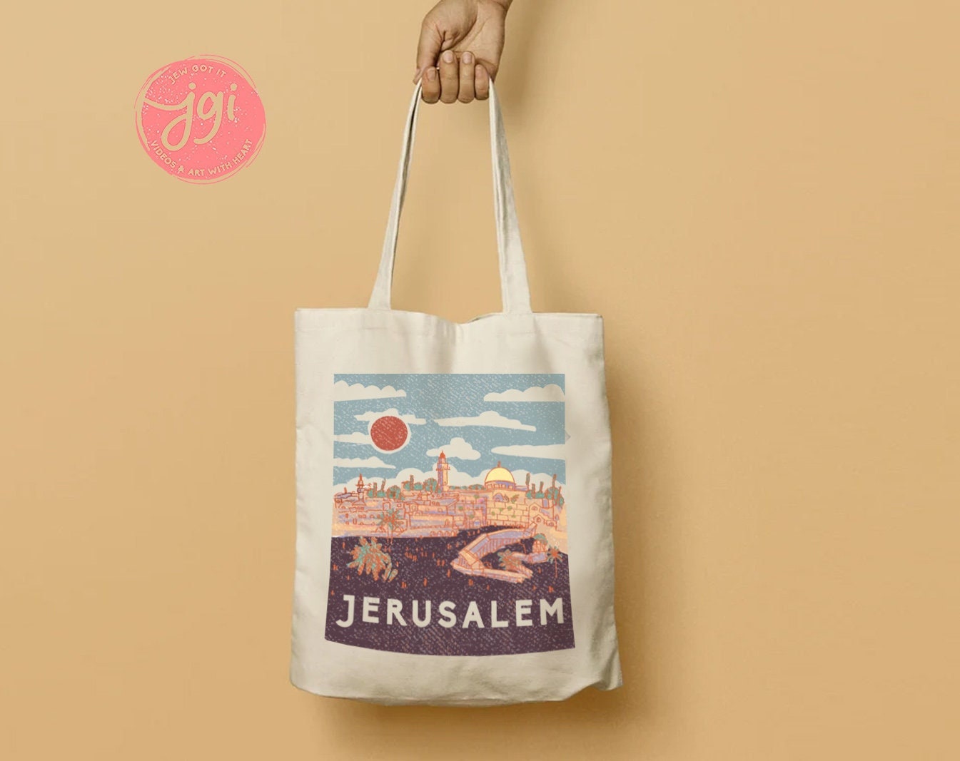 Jerusalem Vintage Tote Bag Hand drawn | Hebrew Jewish gift | Art bag, graphic bag, woman gift shopping everyday bag, shabbos, shabbat