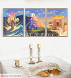 3 Jewish Art Prints Red Sea Splitting, Mt Sinai, Holy Temple Jerusalem Israel Art Poster Am Yisrael Chai Jewish Gift Israeli Artist Wall Art