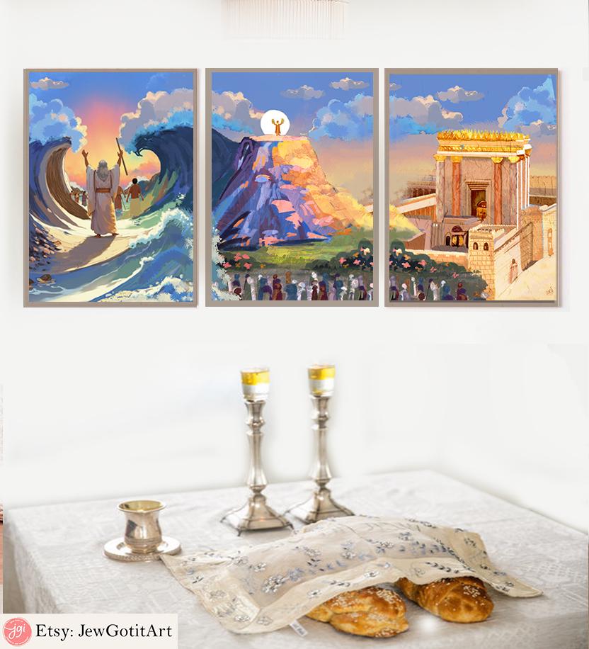 3 Jewish Art Prints Red Sea Splitting, Mt Sinai, Holy Temple Jerusalem Israel Art Poster Am Yisrael Chai Jewish Gift Israeli Artist Wall Art