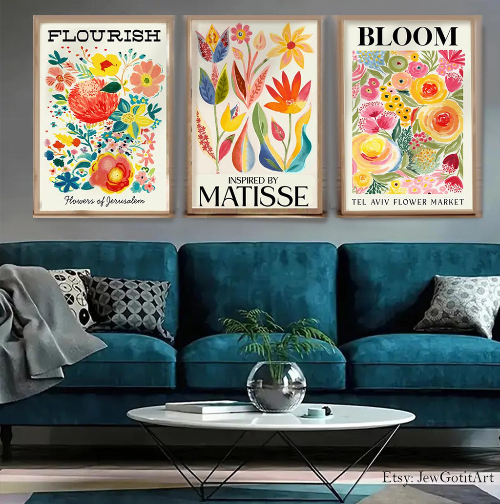 Flower Market Wall Art Set of 3 Am Yisrael Chai Prints Jewish Gift | Israel Judaica Poster Framed Floral Home Decor Flower Art Jerusalem