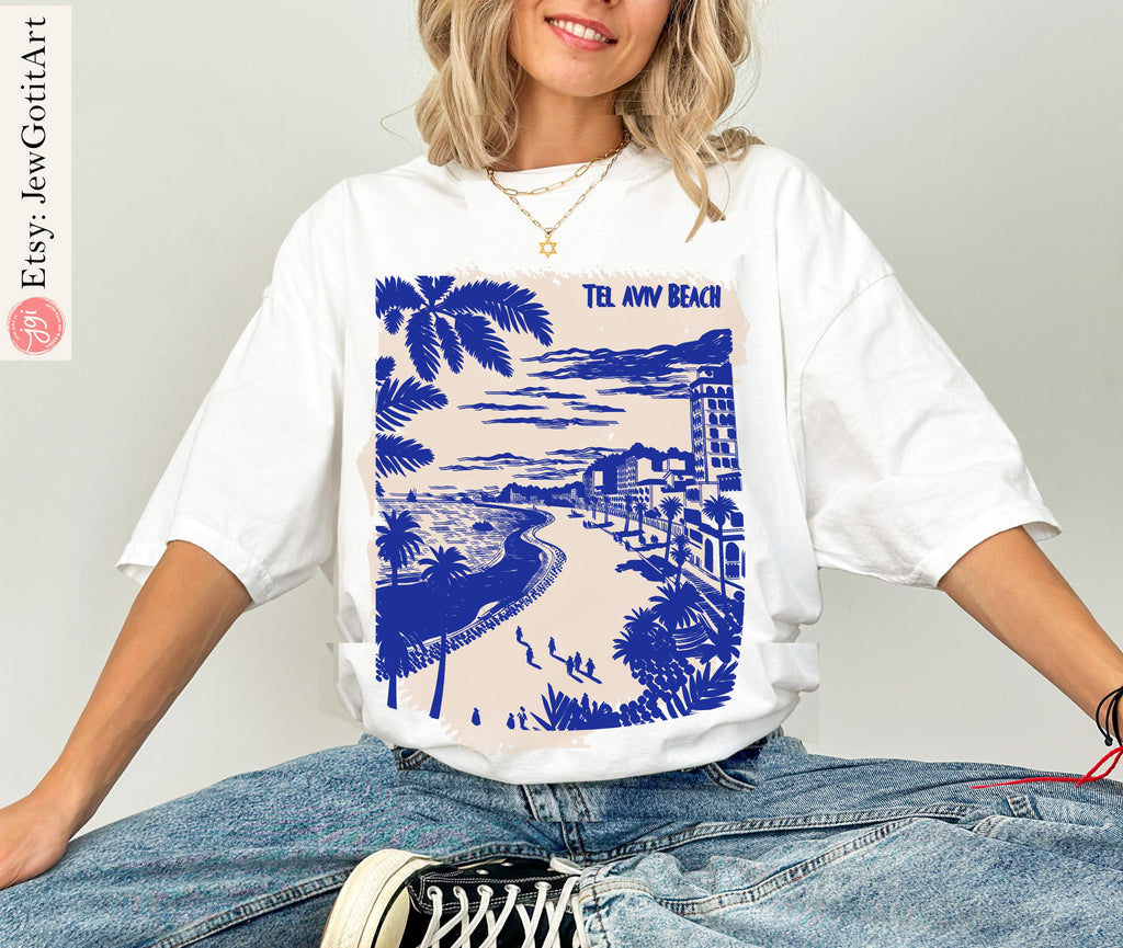 Tel Aviv Beach Shirt Israel T-Shirt Am Yisrael Chai Tee Jewish Gift Boho Hebrew Shirt Zion Tee Holy Land Palm Tree Beach Shirt Jewish Shirt