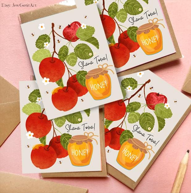 Shana Tova Greeting Cards Rosh Hashanah Apple Honey Art Israeli Artist Am Yisrael Chai Rosh Hashana Apple Art Jewish New Year gift Gifts