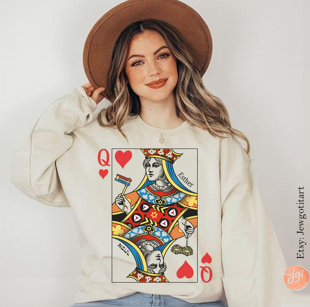 Queen Esther T-Shirt Purim Sweatshirt Unique Purim Costume by Israeli Artist Perfect Jewish Holiday Gift Am Yisrael Chai Queen Card Shirt