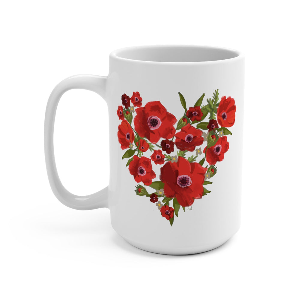 Kalanit Heart Flower of Israel Mug, Kalanit tea cup coffee Ceramic Mug 11oz 15oz mug Jewish gift israeli Artist Red flowers Israeli Artist