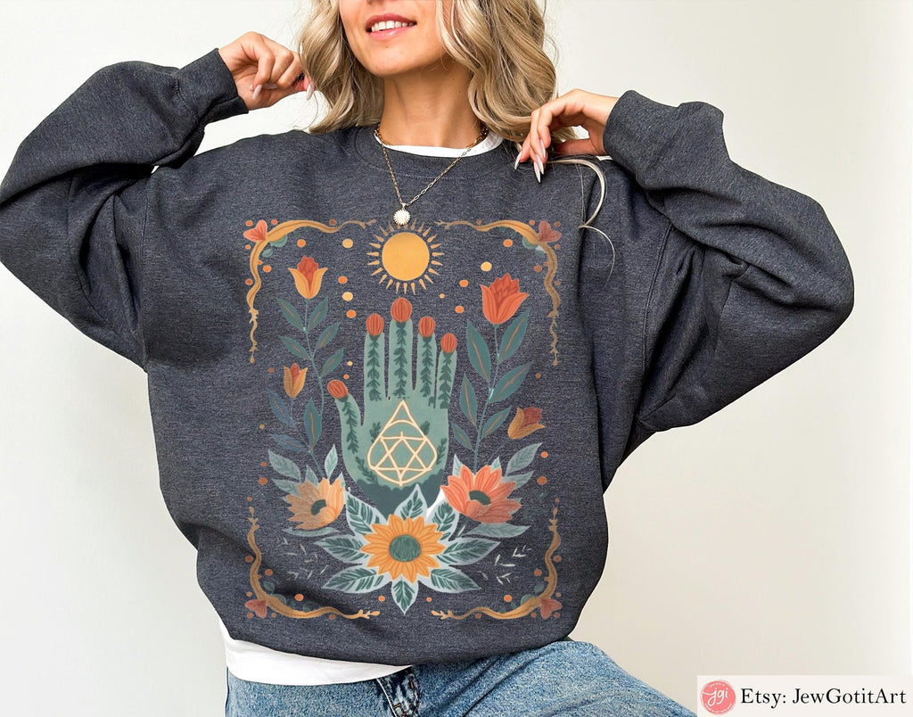 Hamsa Sun Graphic Tee | Jewish Israeli Artist Shirt | Am Yisrael Chai Israel Art T-Shirt Purim Shirt Passover Boho Jewish Apparel Sweatshirt