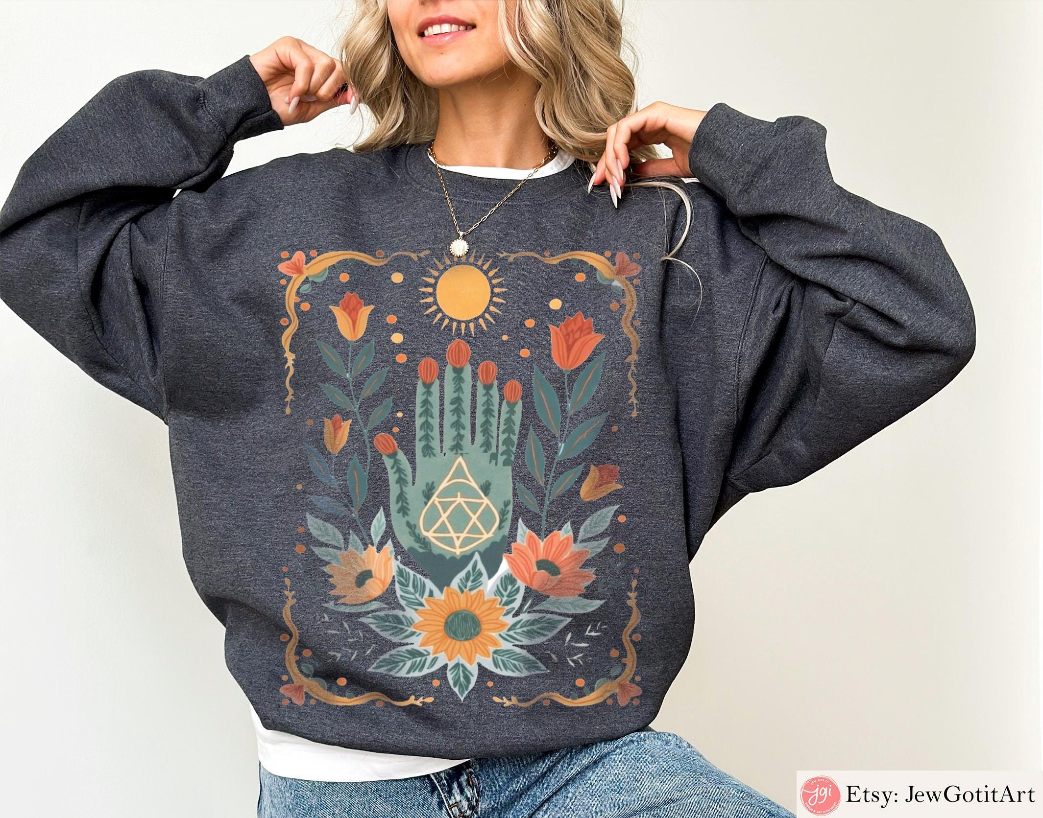 Hamsa Sun Graphic Tee | Jewish Israeli Artist Shirt | Am Yisrael Chai Israel Art T-Shirt Purim Shirt Passover Boho Jewish Apparel Sweatshirt