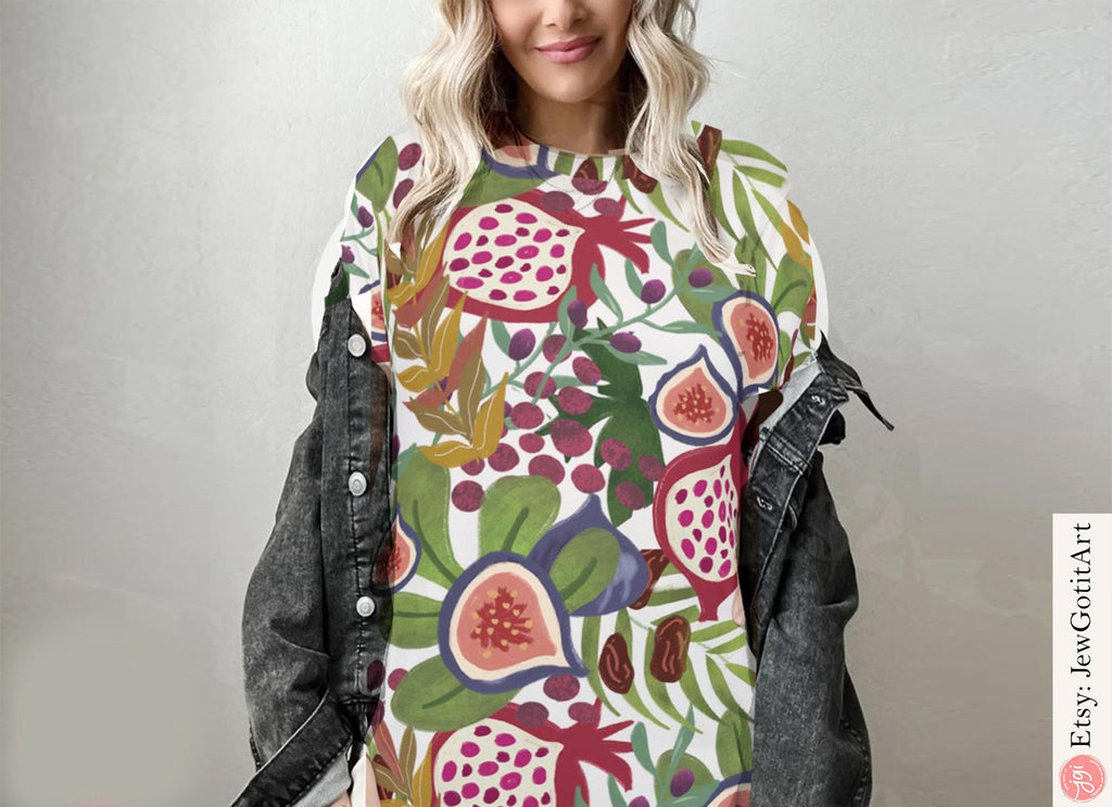 7 Species of Israel T-Shirt or Sweatshirt Am Yisrael Chai Graphic AOP Jewish Holiday Gift Israeli Artist Design Fruit Shirt Jewish Holiday