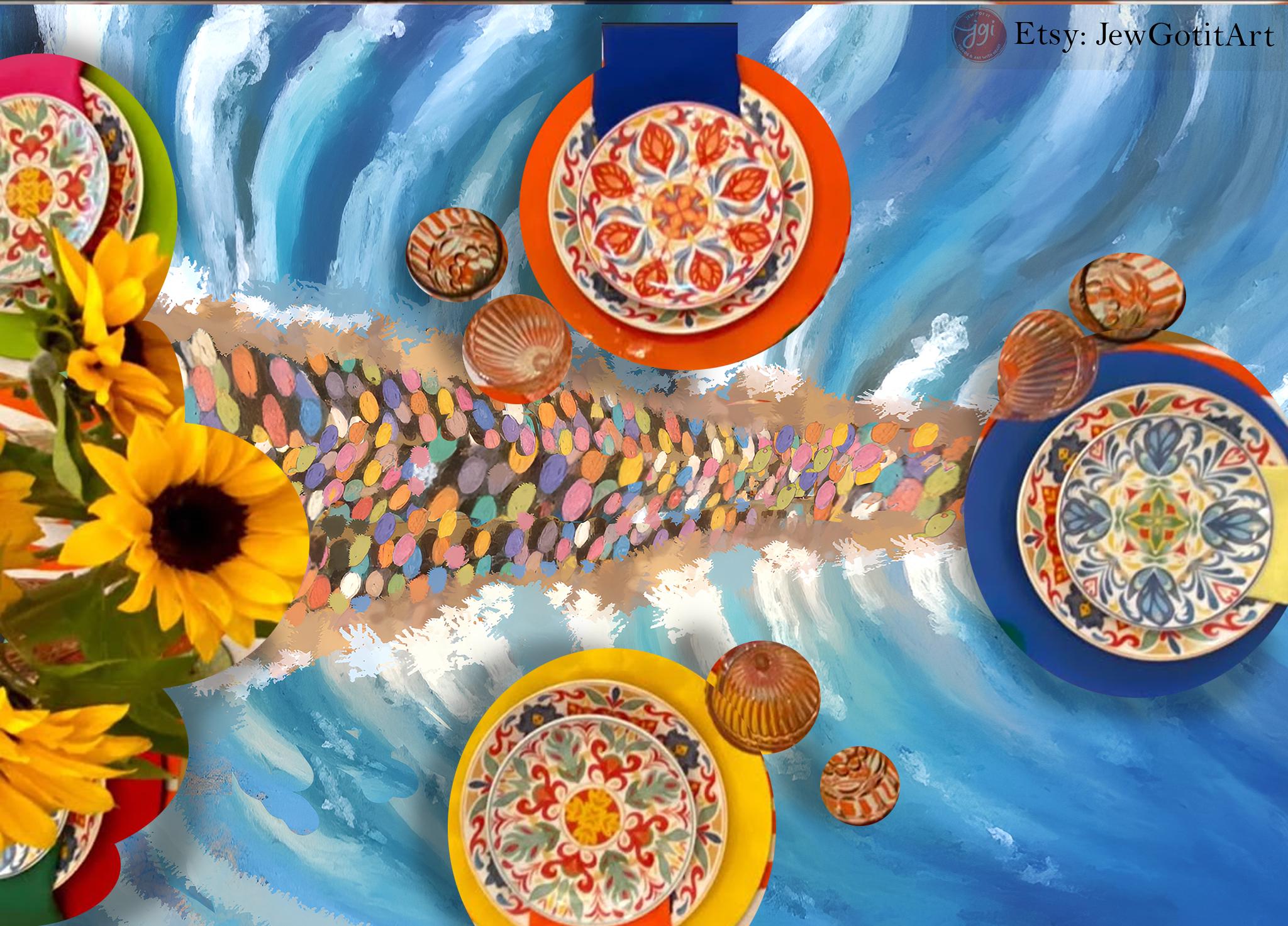 Passover Splitting of the Sea Tablecloth Indoor/Outdoor Cotton Israeli Artist Home Decor Shabbat Table Setting Unique Passover Decoration