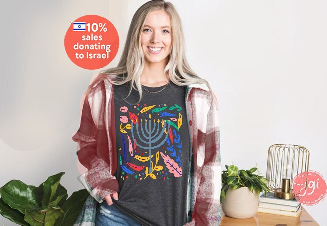 Hanukkah Flower Menorah Shirt, Unisex Heavy Cotton Tee, Hanukkah, hanukkah gifts, Jewish gift, Israel art chanukah woman shirt flower tshirt