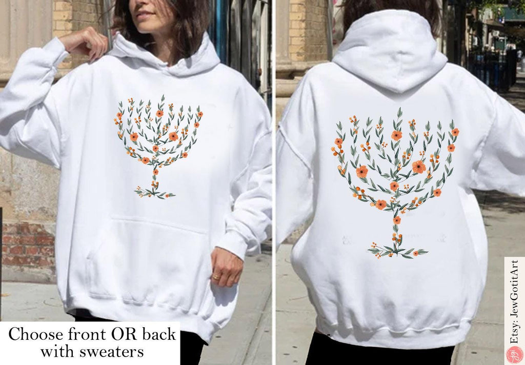 Menorah Hanukkah Hoodie Sweater T-Shirt kid Floral Art Sweatshirt Jewish Gift Israeli Artist Israel Jewish Shirt Chanukah Israeli Artist