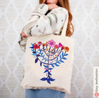 Menorah Hanukkah 15 oz Mug Tote Bag Floral Jewish Art Israeli Artist Am Yisrael Chai Gift Flowers Jewish gift Coffee Jewish Holiday Gifts