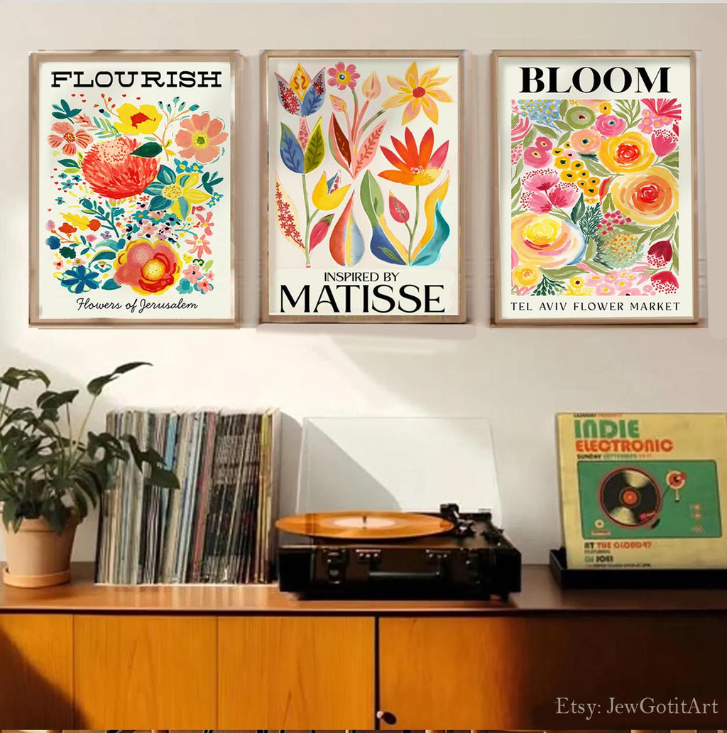 Flower Market Wall Art Set of 3 Am Yisrael Chai Prints Jewish Gift | Israel Judaica Poster Framed Floral Home Decor Flower Art Jerusalem