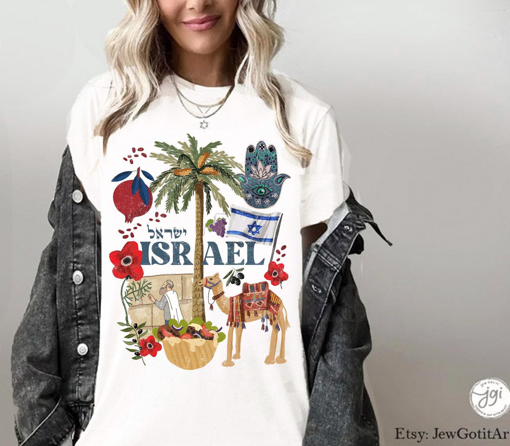 Israel Shirt Palm tree falafel T-shirt Am Yisrael Chai graphic tees tshirt Art jewish gift Israeli Artist Jewish Holiday Gifts Camel Art