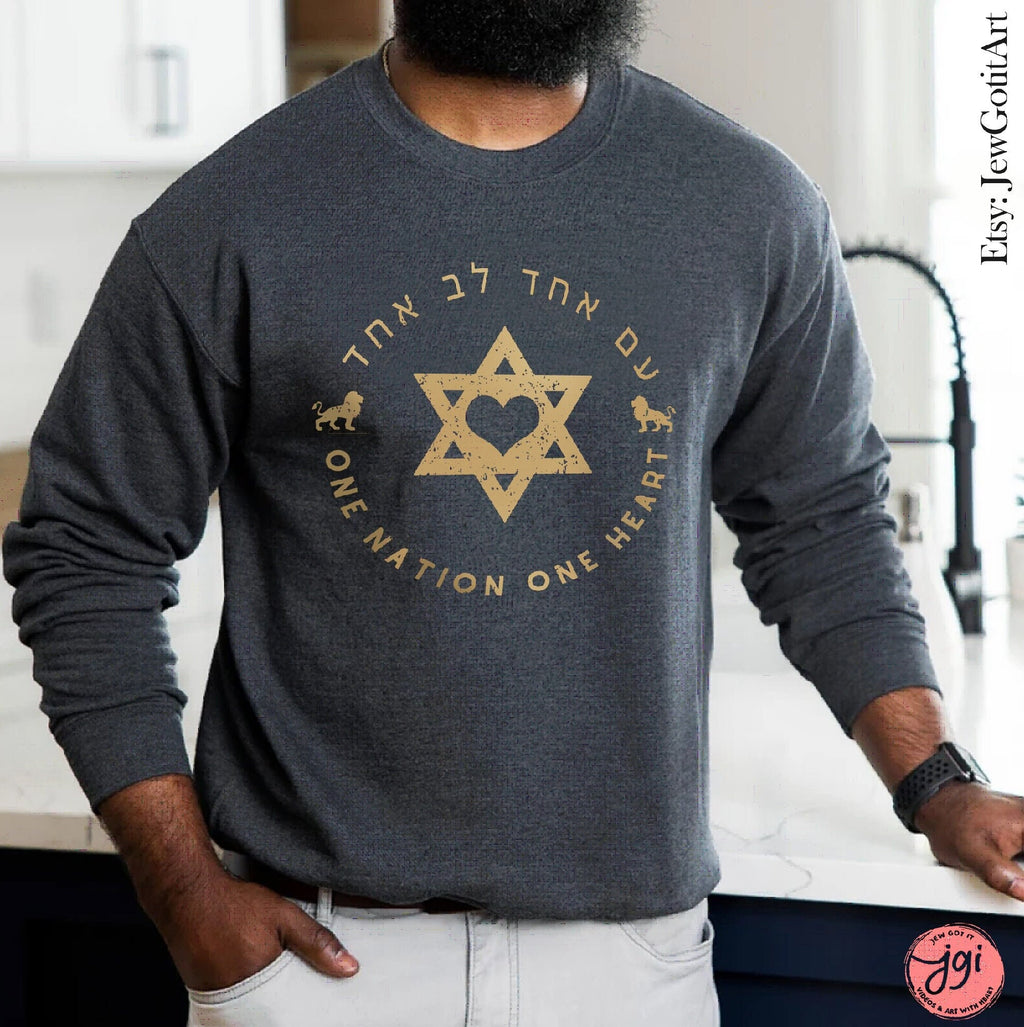 One Nation One Heart Israel Sweater Sweatshirt Unisex Israeli Artist Jewish Holiday Passover Am Yisrael Chai Gift Gifts jewish star david