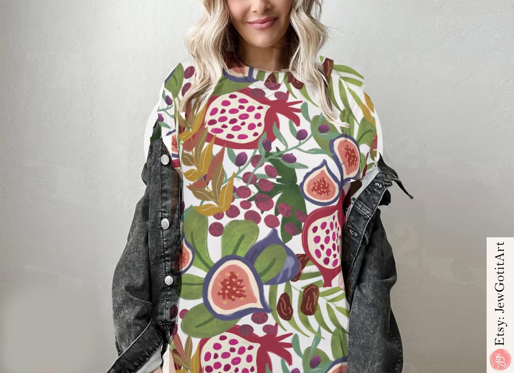 7 Species of Israel Sweatshirt or T-Shirt Am Yisrael Chai Graphic AOP Jewish Holiday Gift Israeli Artist Design Fruit Shirt Jewish Holiday