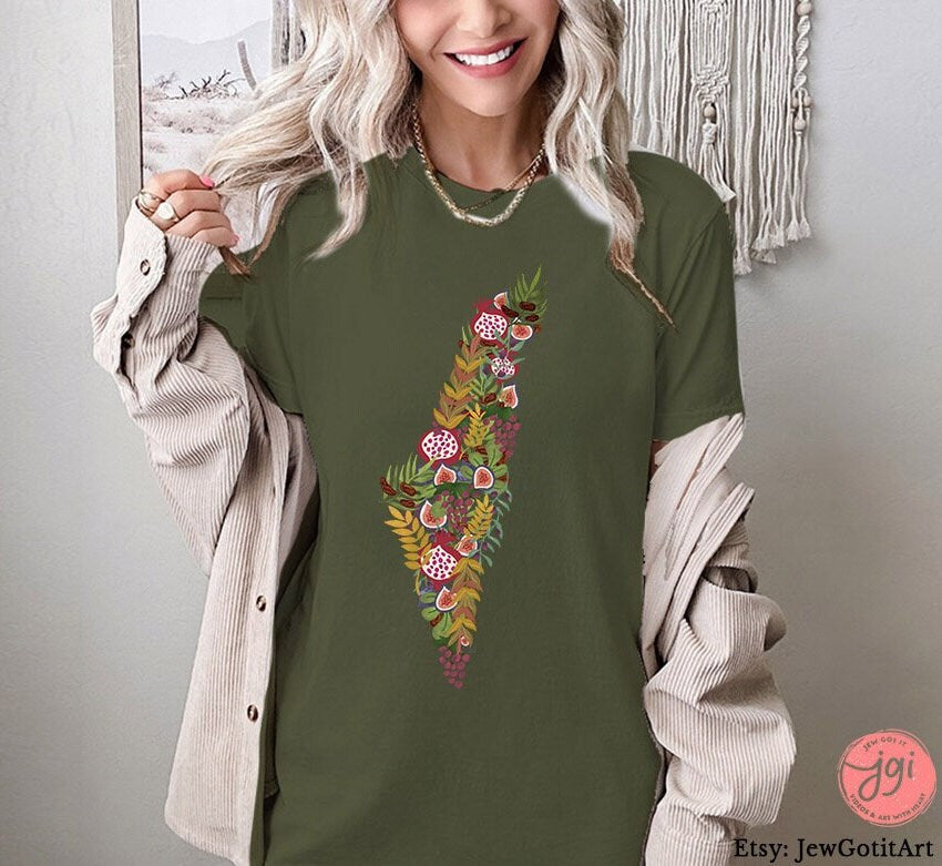 Fruits & Produce of Israel 7 sPecies Israel Shape State fruit shirt woman shirt jewish gift Israeli Artist Gift for her shirt Purim Gifts