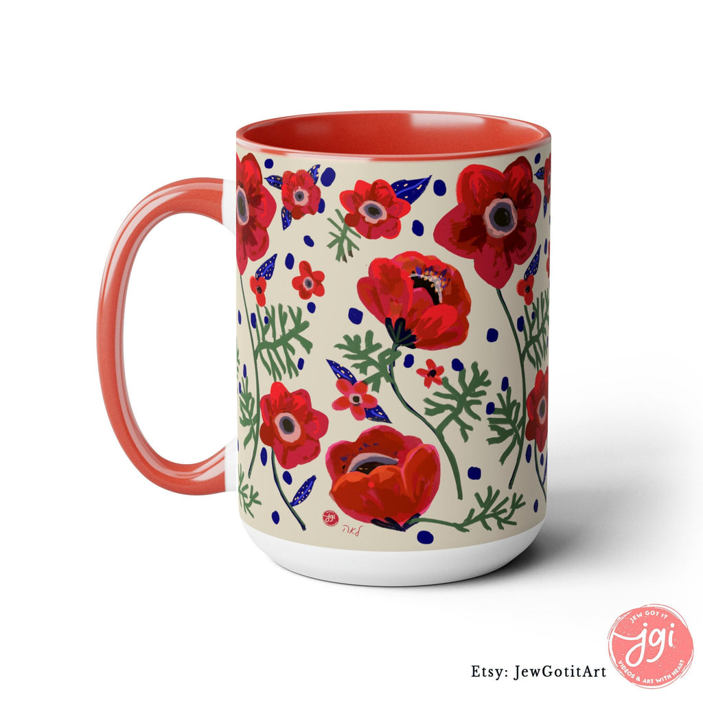 Flower of Israel Mug, Kalanit tea cup coffee Ceramic Mug 11oz 15oz work morning mug Jewish gift israeli Artist Red flowers Israeli Artist