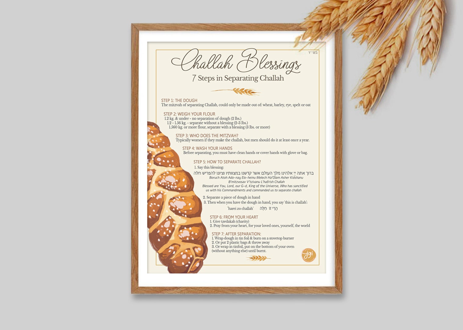 Challah Blessings Printable Sheet Download Brachot | 7 Steps How to Separate Challah, Jewish Holiday Holidays Gift, Kitchen Decor