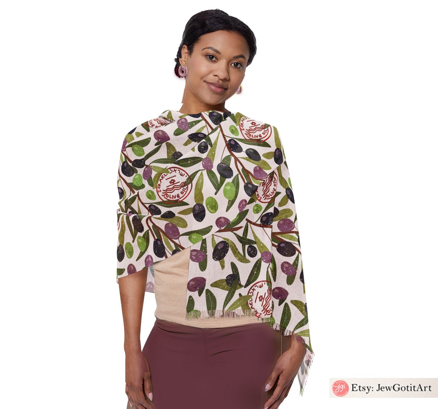 Israeli Olives Scarf Head Headwrap Fruit Scarves Women fabric Hair Cover Covering Jewish Israeli Artist Fruits Art Am Yisrael Chai Olive Art