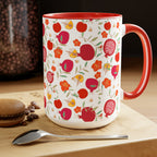 Rosh Hashanah Mug, Apple honey Pomegranate art, Jewish gift, Two-Tone Coffee Mugs, 15oz, coffee mug, fruit mug, coffee lover, red mug