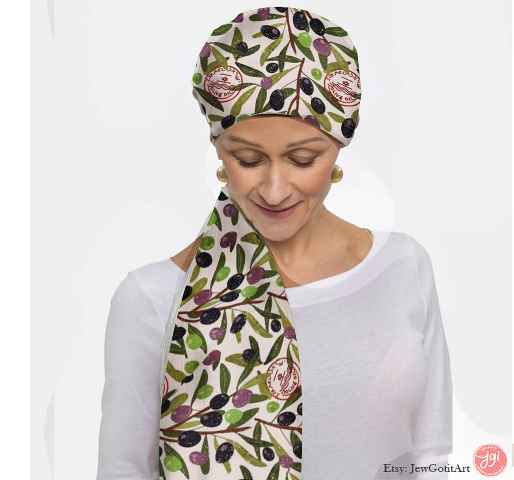 Israeli Olives Scarf Head Headwrap Fruit Scarves Women fabric Hair Cover Covering Jewish Israeli Artist Fruits Art Am Yisrael Chai Olive Art
