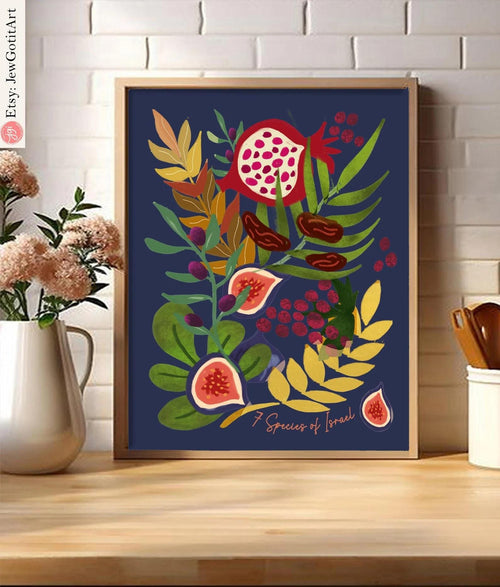 7 Species Israel Art Poster Matte Jewish Gift Israeli Artist Pomegranate Grapes Colorful Wall Decor Jewish Art Fruit Art Am Yisrael Chai