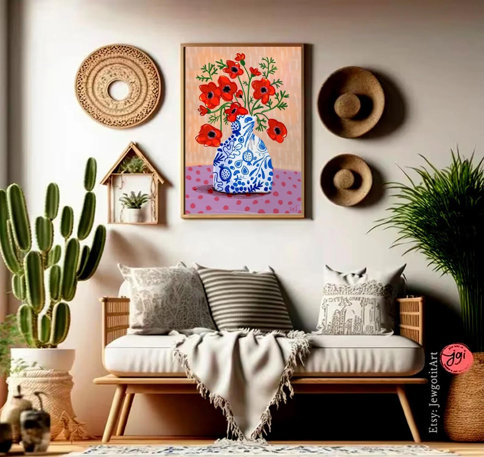 Flower of Israel Kalanit Art Print Red Poppy Flowers Wall Art Poster Jewish Gift by Israeli Artist Kitchen Decor Livingroom Decor Home Decor